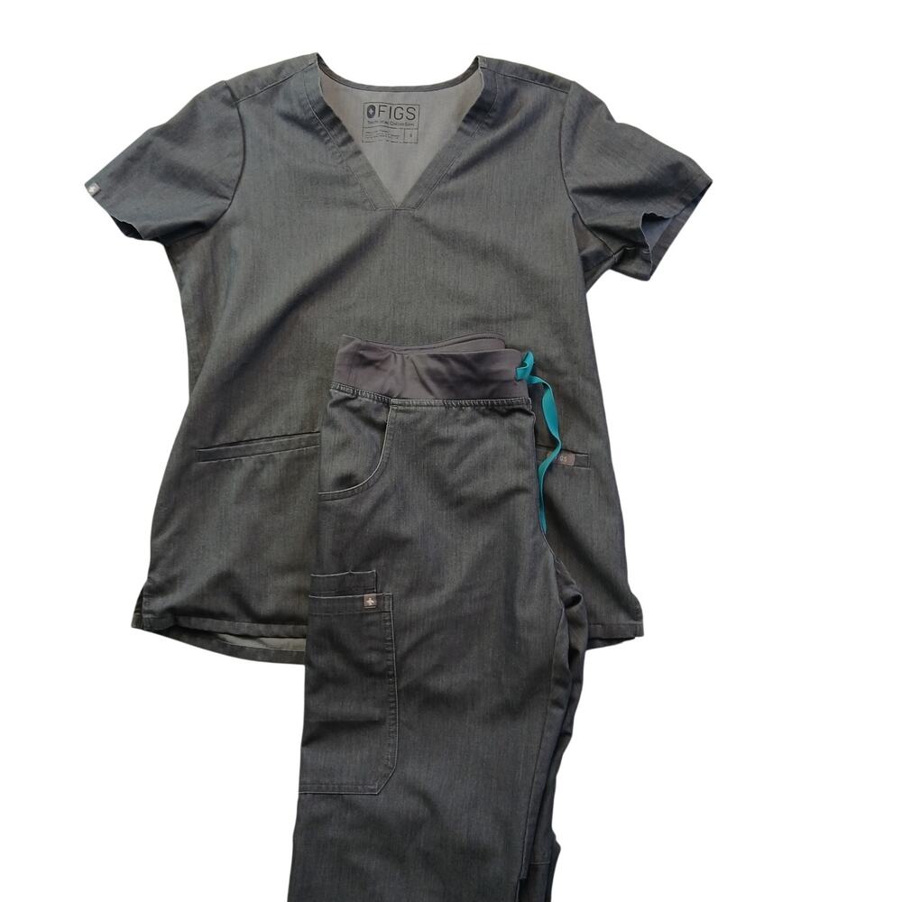 FIGS Scrubs Set Women Size S Grey Heather V-Neck Top Drawstring Cargo Pants